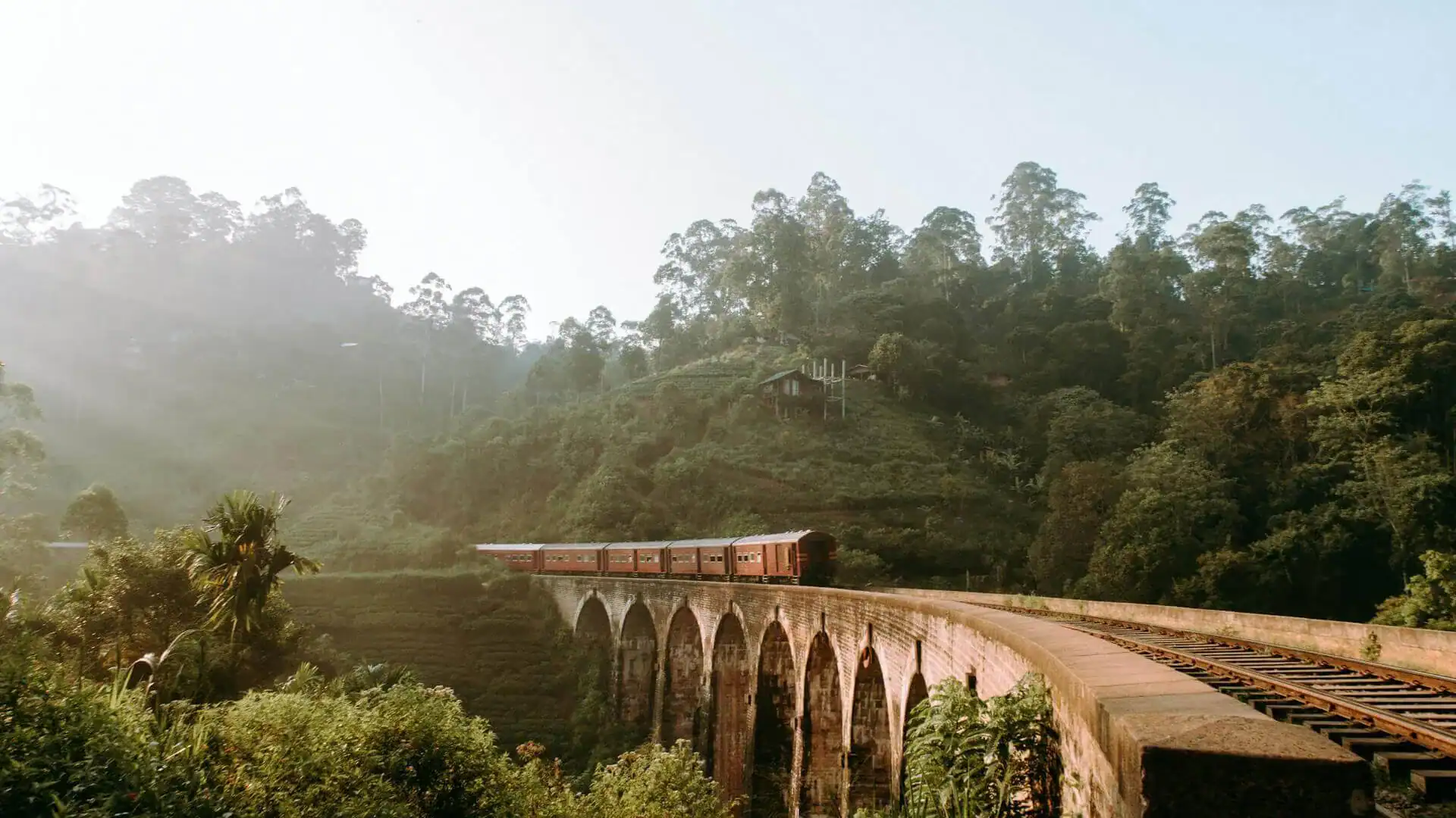 Ett åkande tåg på Nine Arch Bridge i Sri Lanka, även känd som "Bron i himlen".